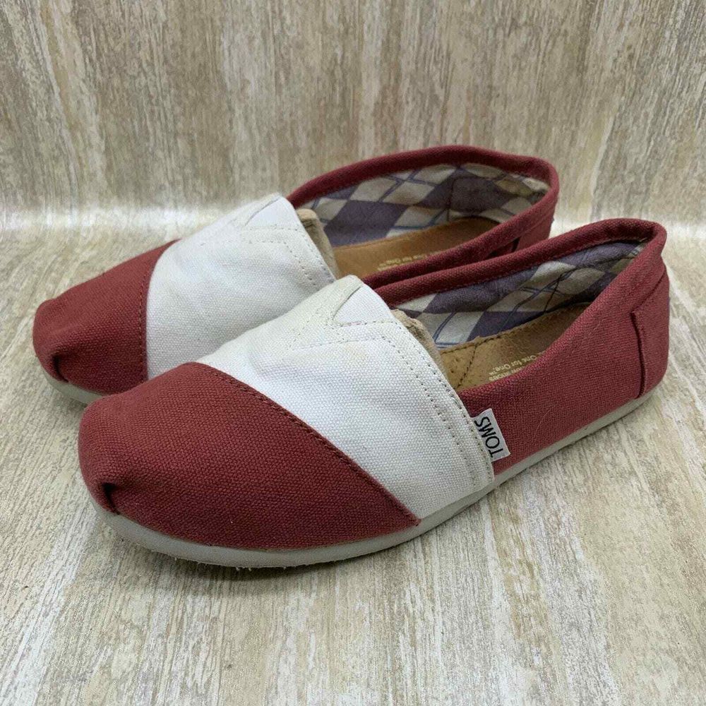 TOMS Classic Canvas Slip On Shoes Slippers‎ Red White EUC Womens 7.5 Mens 9